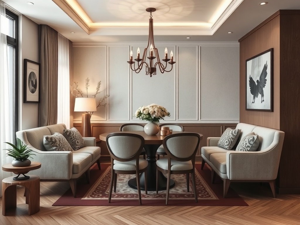 Современная гостиная с уютной мебелью, столом и elegant освещением, оформленная в нейтральных тонах.