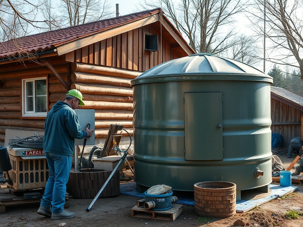На фоне деревянного дома мужчина работает рядом с большим зеленым баком. Вокруг строительные материалы.