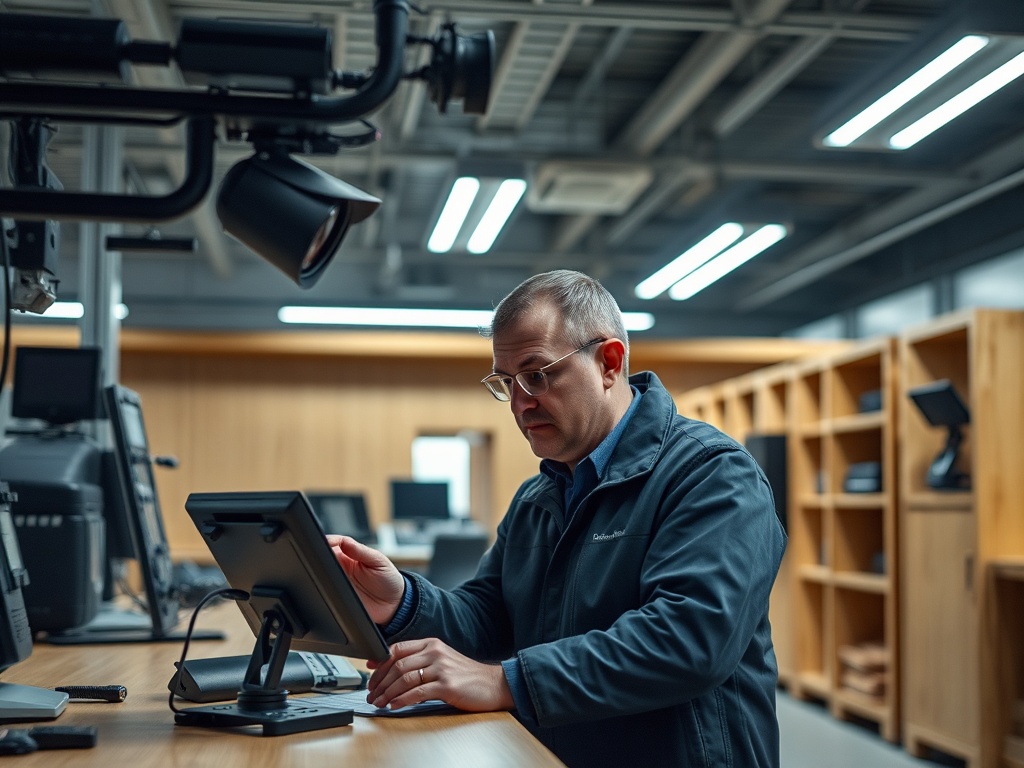 На изображении мужчина работает за компьютером в современном офисе с деревянными полками на заднем фоне.