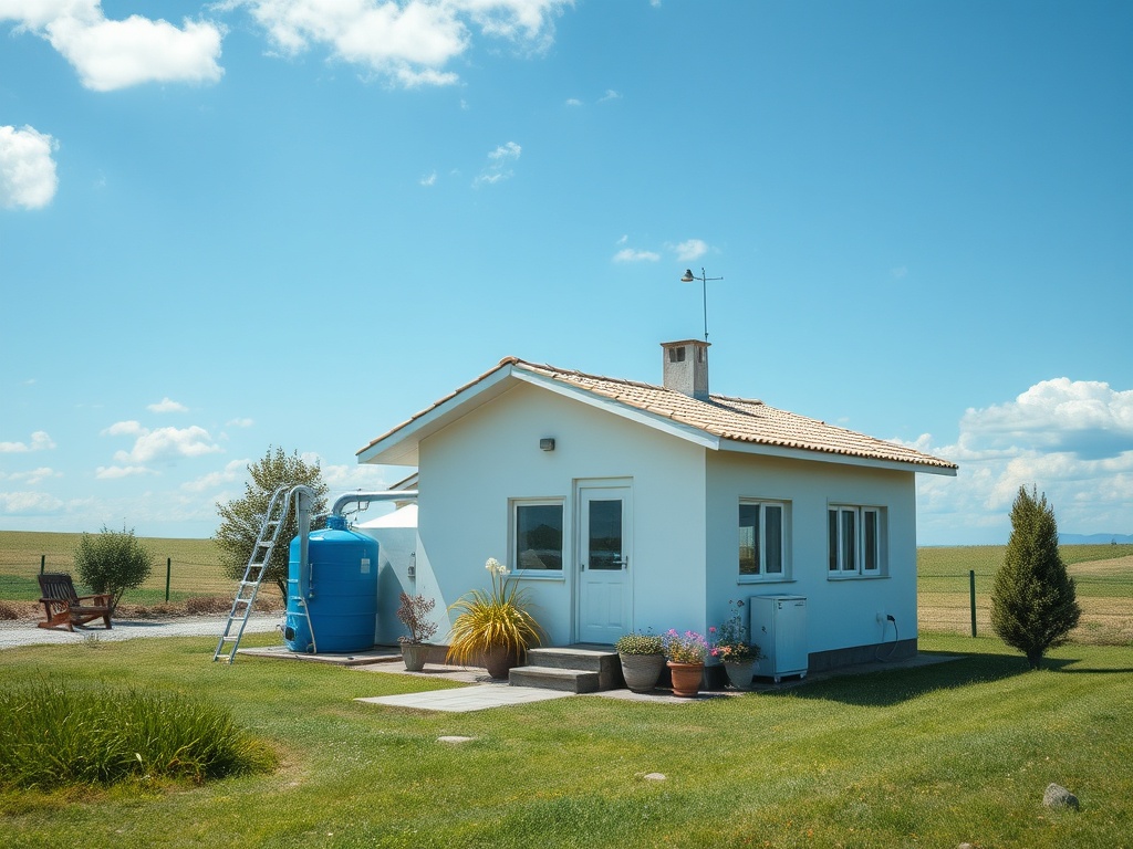 Одноэтажный дом с лестницей, водяной цистерной и цветочными горшками на фоне зелёного поля и голубого неба.