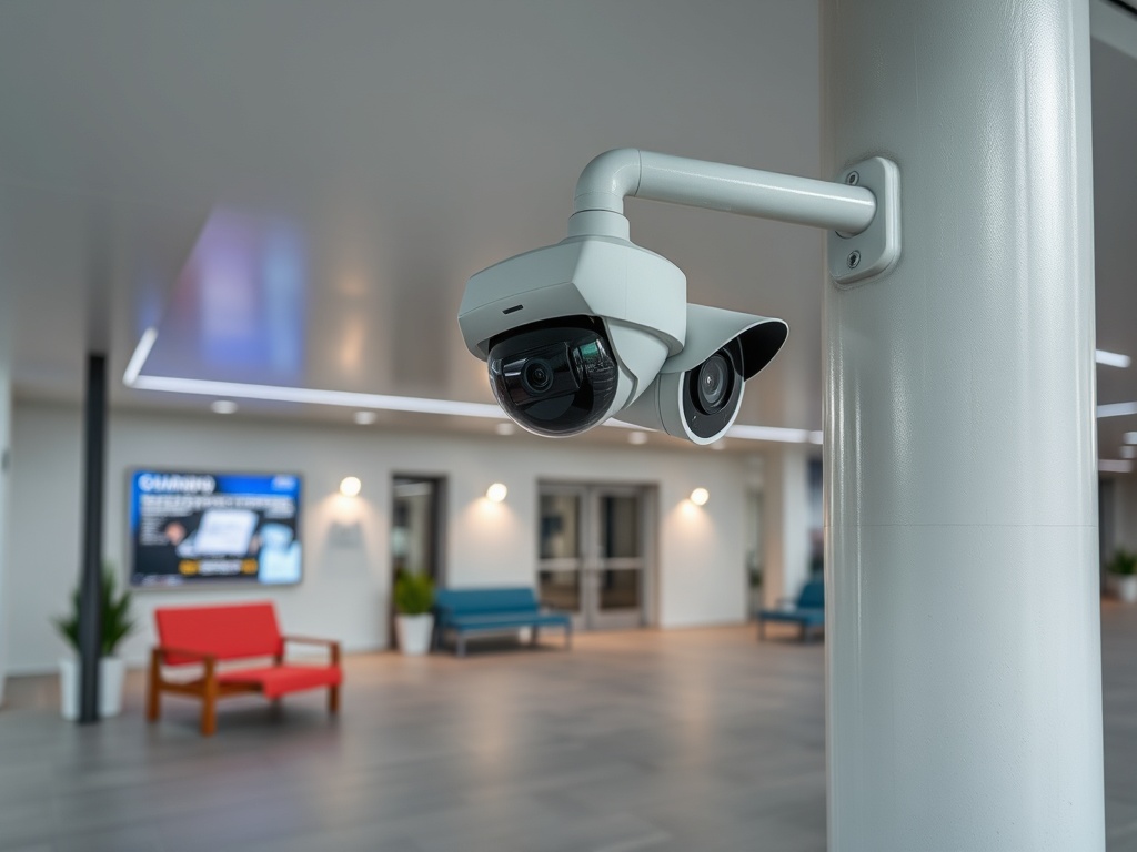 Камера наблюдения на стене в современном общественном пространстве с сиденьями и экраном на заднем плане.