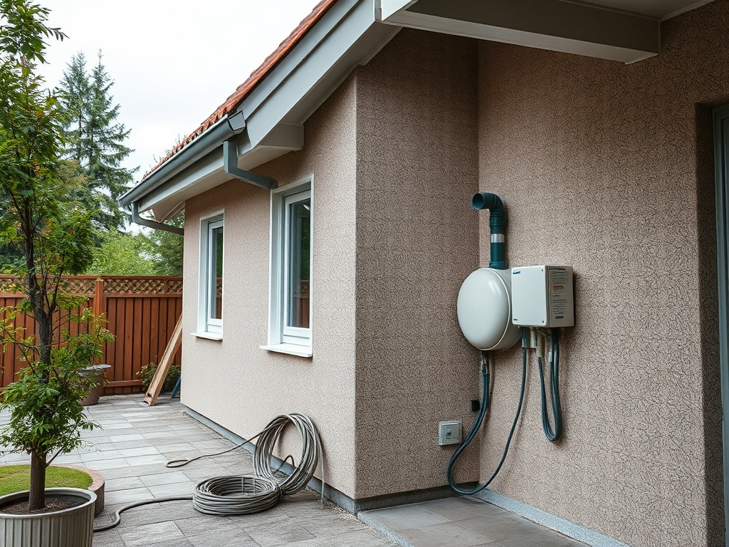 Стена дома с окном, рядом техническое оборудование и зеленое дерево в горшке на плиточном полу.