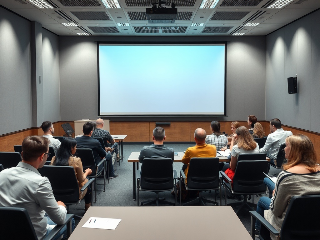 Группа людей сидит в конференц-зале, смотря на экран с пустым содержимым.