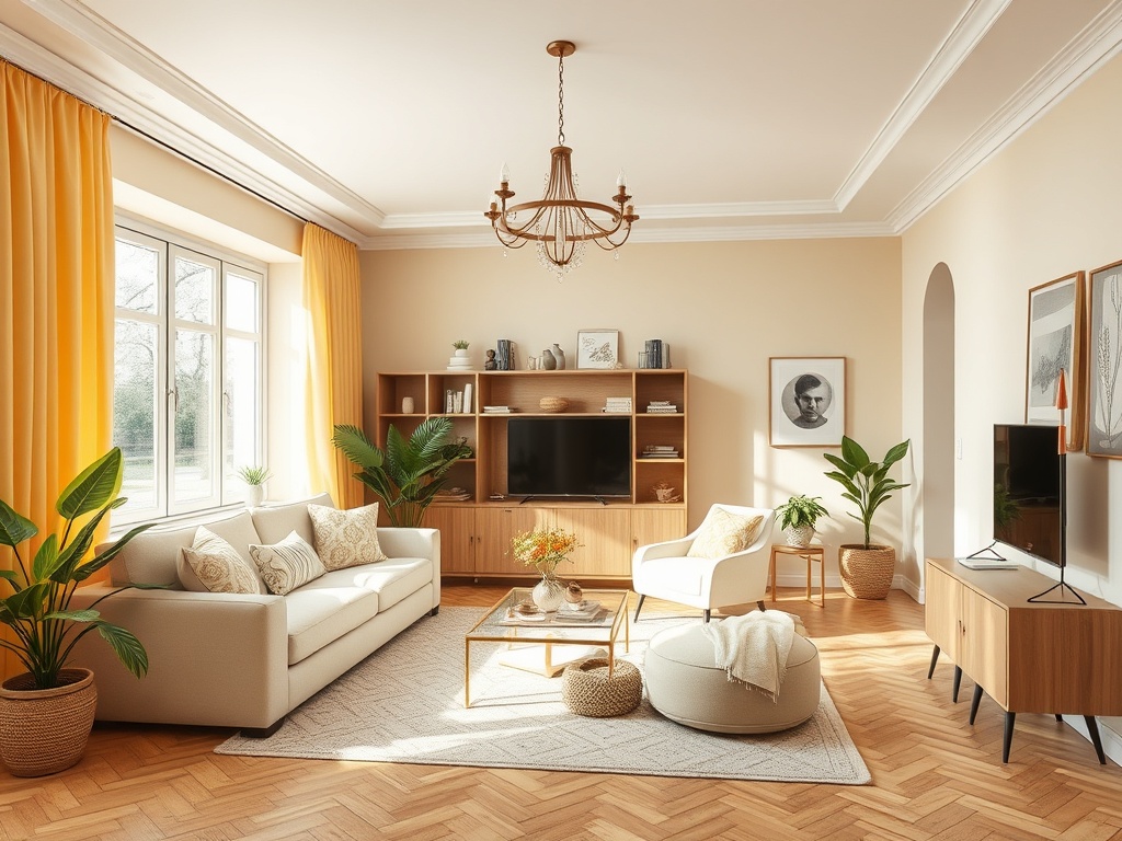 Современная гостиная с яркими шторами, уютной мебелью и зелеными растениями. Просторно и светло.