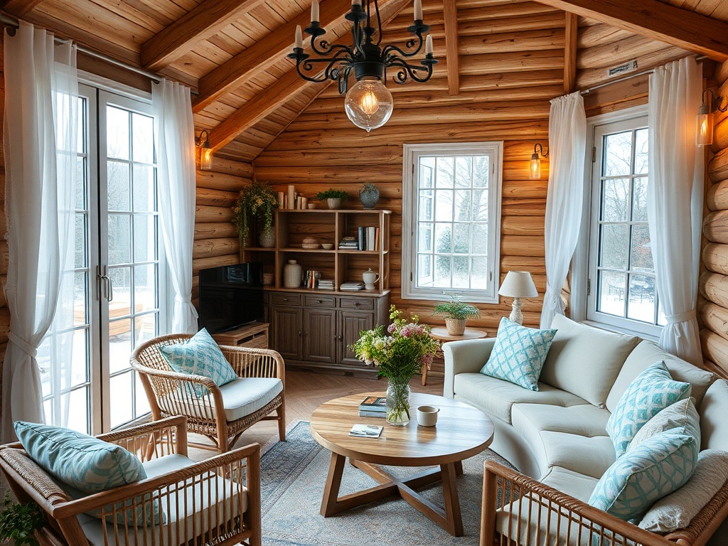 Уютная комната с деревянными стенами, светлыми шторами и мягкой мебелью. На столе цветы и книги.