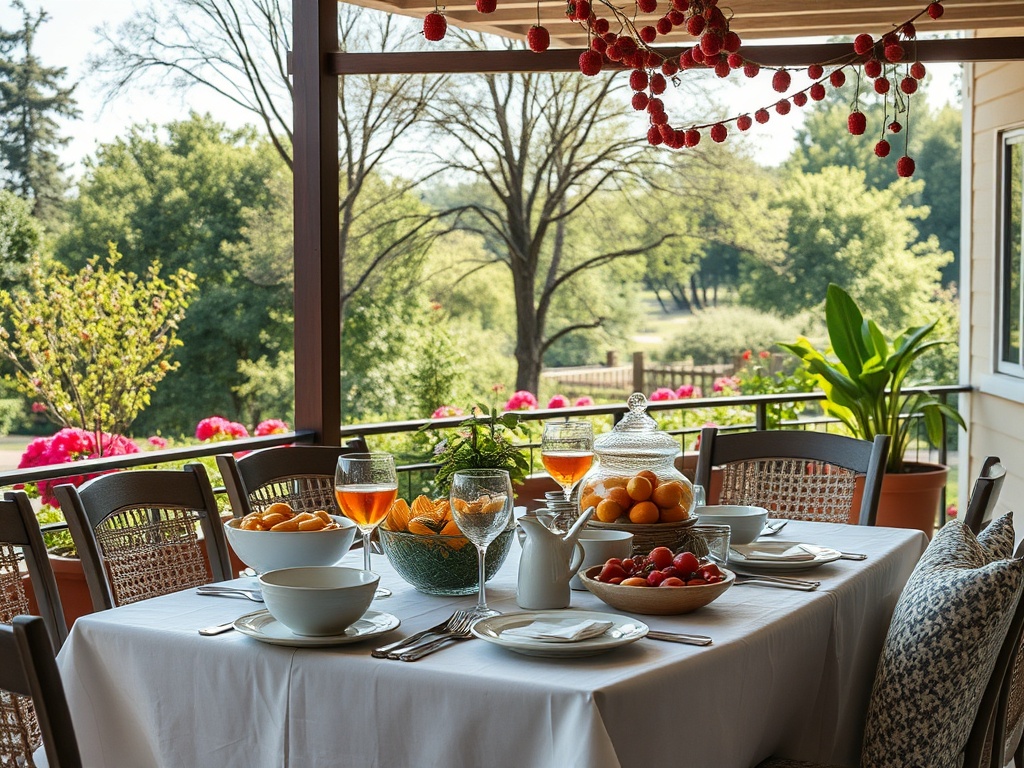 Стол на веранде, накрытый для завтрака, с фруктами и напитками на фоне зелени и цветов.