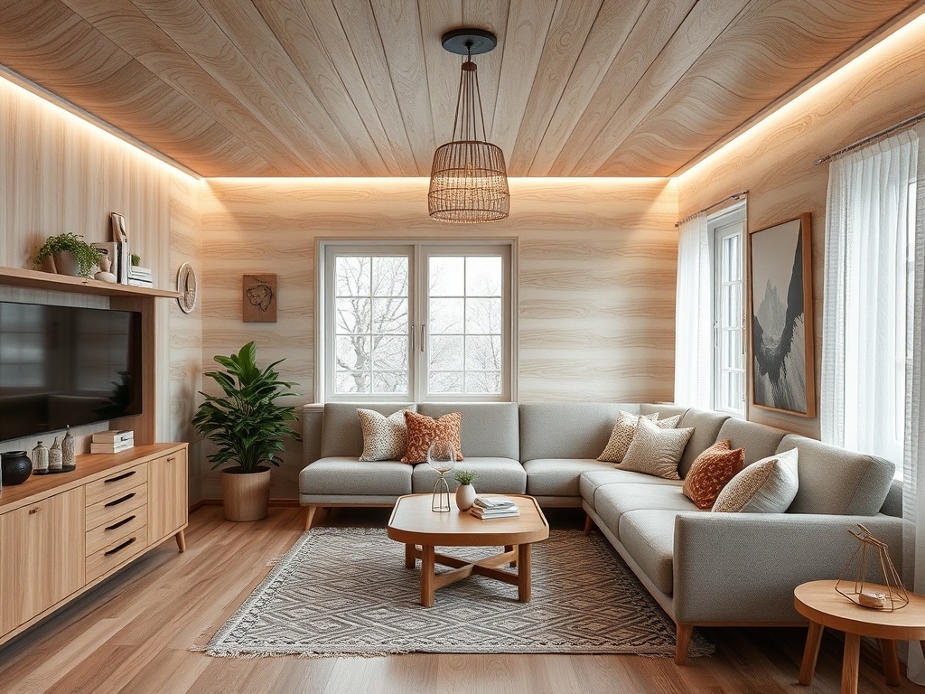 Светлая гостиная с уютным уголком, диваном, столом и большими окнами, создающими атмосферу тепла.