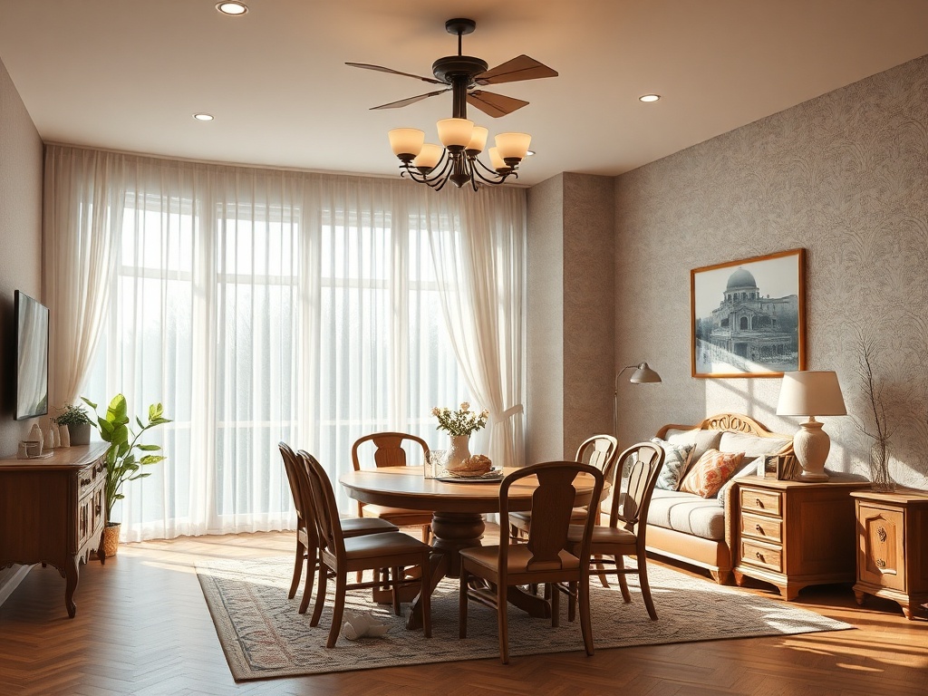 Светлая гостиная с большим окном, обеденным столом и уютным диваном, оформленная в теплых тонах.