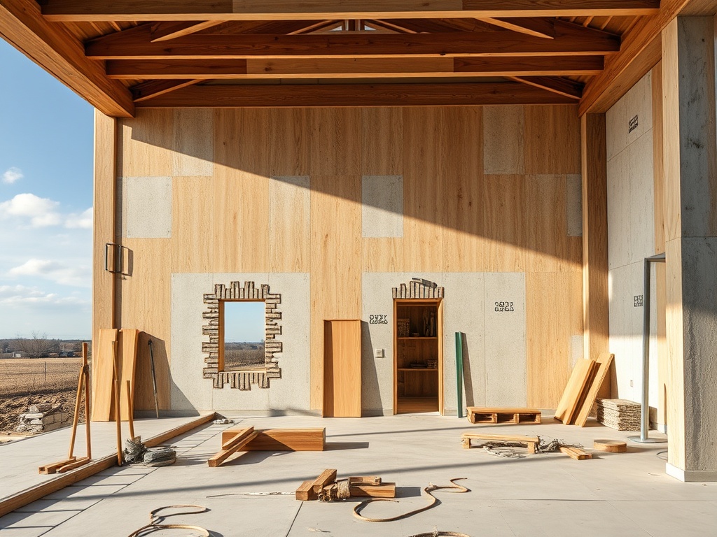 На картине пустое помещение с деревянными и бетонными стенами, строительные материалы разбросаны по полу.