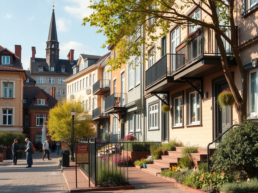 Уютная улица с красивыми зданиями, зелеными растениями и людьми, наслаждающимися солнечным днем.