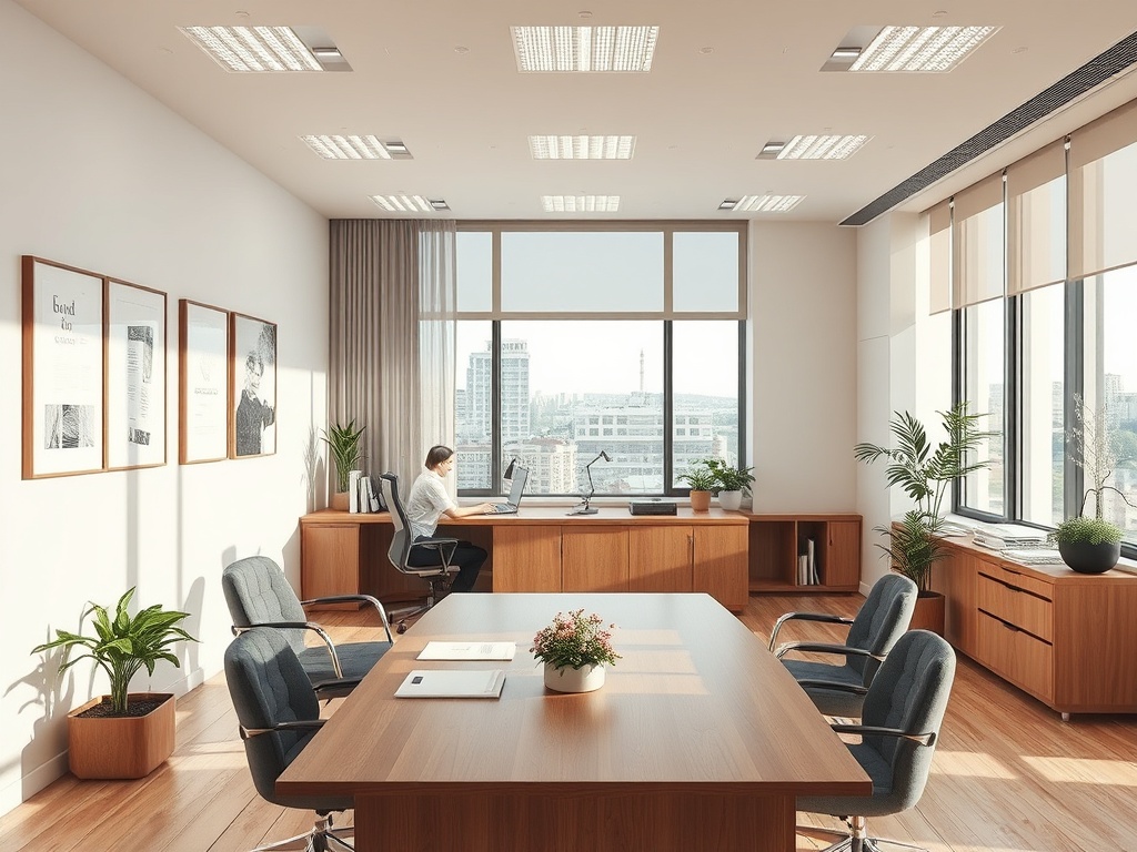 Современный офис с рабочим столом, окнами, растениями и женщиной за компьютером. Уютная обстановка.