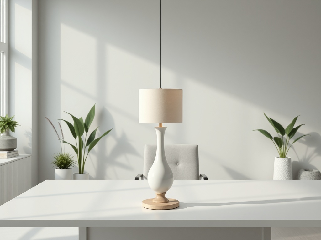 Современный офис с белым столом, настольной лампой и зелеными растениями на фоне окна.