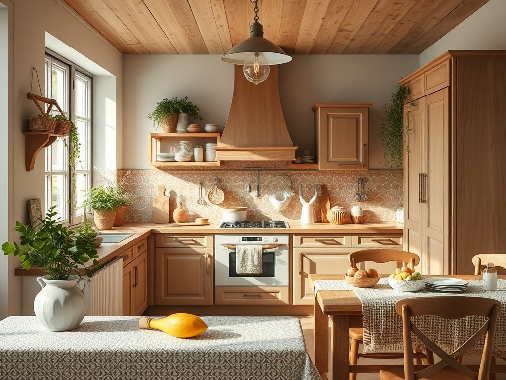 Светлая кухня в деревенском стиле с деревянными шкафами, столом и зелеными растениями на окне.