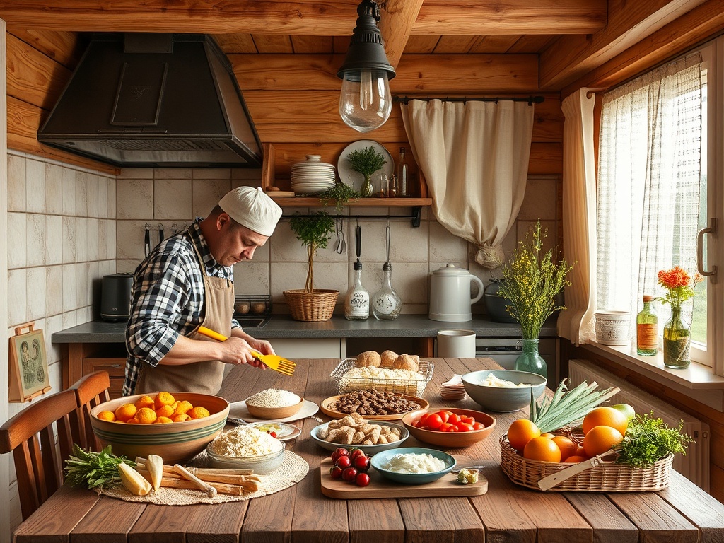На кухне мужчина готовит еду, окружённый свежими овощами и фруктами на столе. Тёплая, уютная атмосфера.