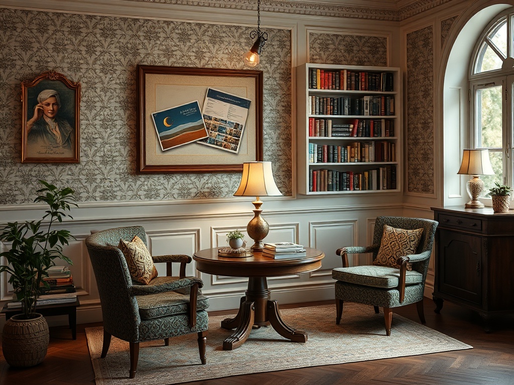 Уютный уголок с креслами, столом и библиотекой, украшенный картинами и светильниками.