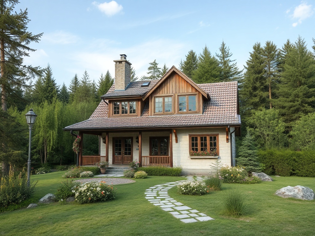 Уютный дом в природном окружении с цветами и зелёным газоном, между деревьями на фоне синего неба.
