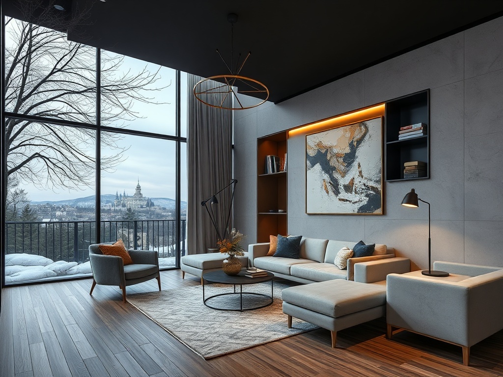 Светлая гостиная с современным дизайном и панорамным окном, открывающим вид на зимний пейзаж.