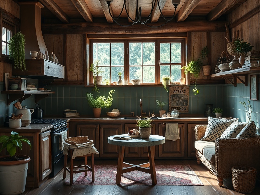 Современная кухня с деревянными стенами, плетеным диваном и зелеными растениями на столешнице и полках.