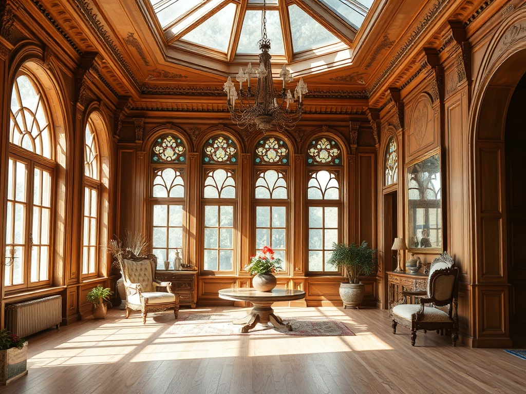 Светлая комната с большими окнами, деревянными панелями и элегантной мебелью, украшенная растениями и цветами.