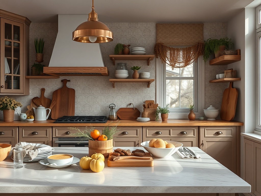 Современная кухня с деревянными полками, стильными светильниками и фруктами на столе. Уютная атмосфера.