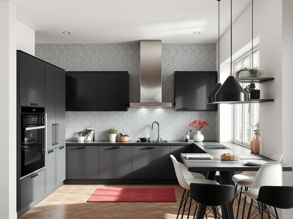 Современная кухня с черными шкафами, светлой стеной и стильными черными подвесными лампами.