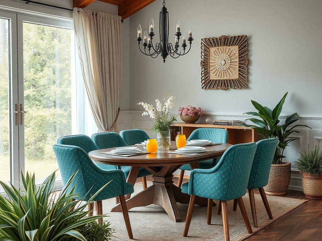 Современный обеденный зал с деревянным столом, зелеными стульями и растениями, оформленный в светлых тонах.
