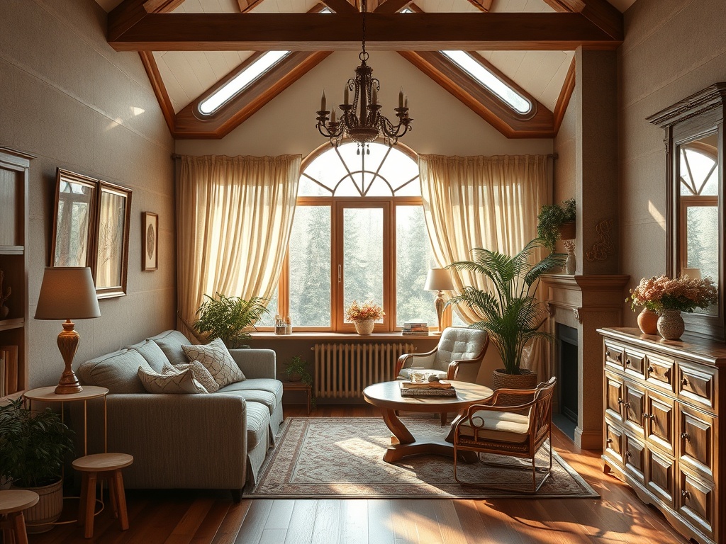 Светлая гостиная с деревянными элементами, большим окном и уютной мебелью. Роскошные текстуры и растения.