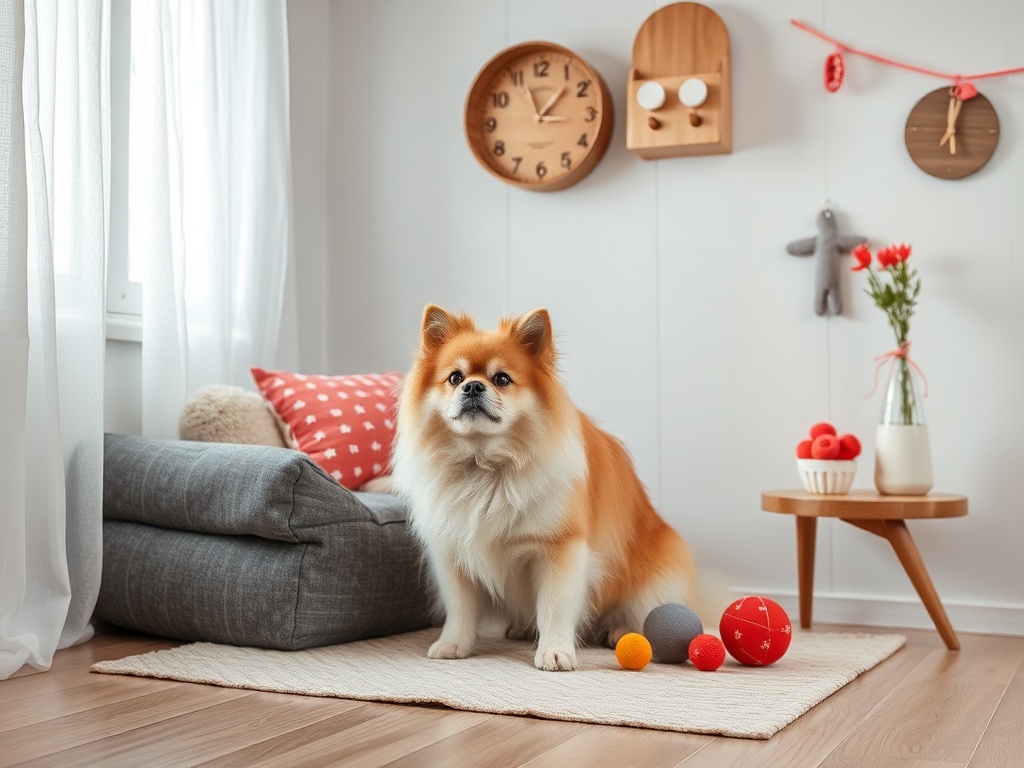 Собака породы померанский шпиц сидит на коврике, окружённая игрушками в светлой комнате.